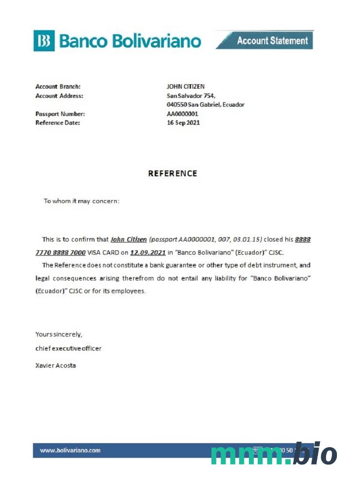 Przykład odniesienia do zamknięcia banku w Ekwadorze Banco Bolivariano w formatach Word i PDF